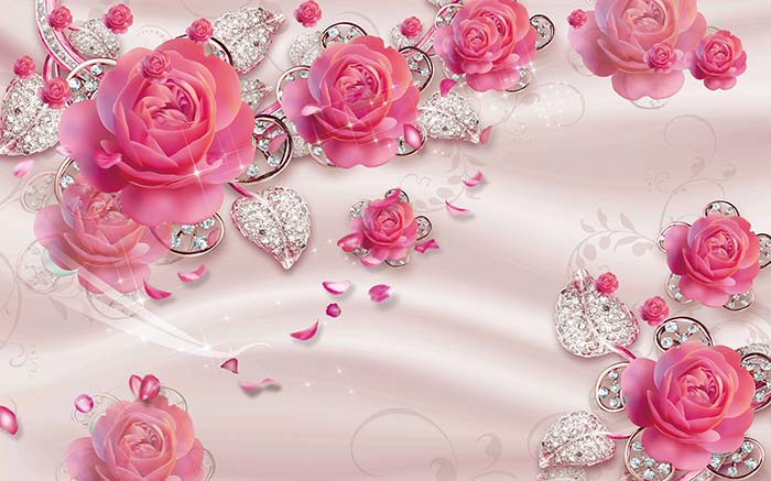 Pink Rose With Shining Leaves 3D Wallpaper for Walls