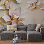 3D Magnolia Flower Design with Golden Textured Wallpaper