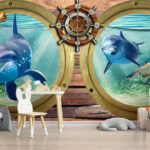 Underwater window view and dolphines