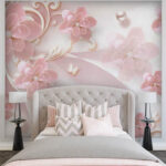 3D Light Pink Flower with Pearl and Butterfly Wallpaper