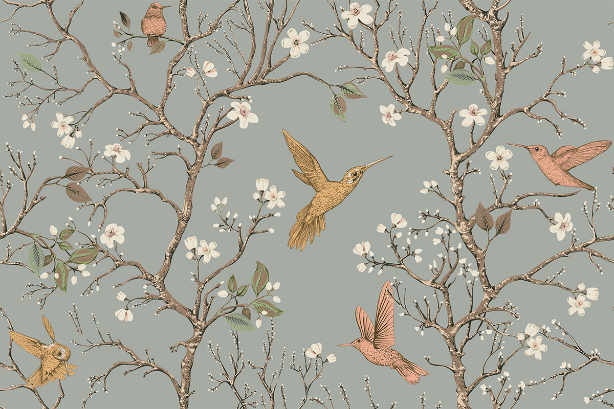 Nature's Symphony: Bird, Flower, and Branch Wallpaper