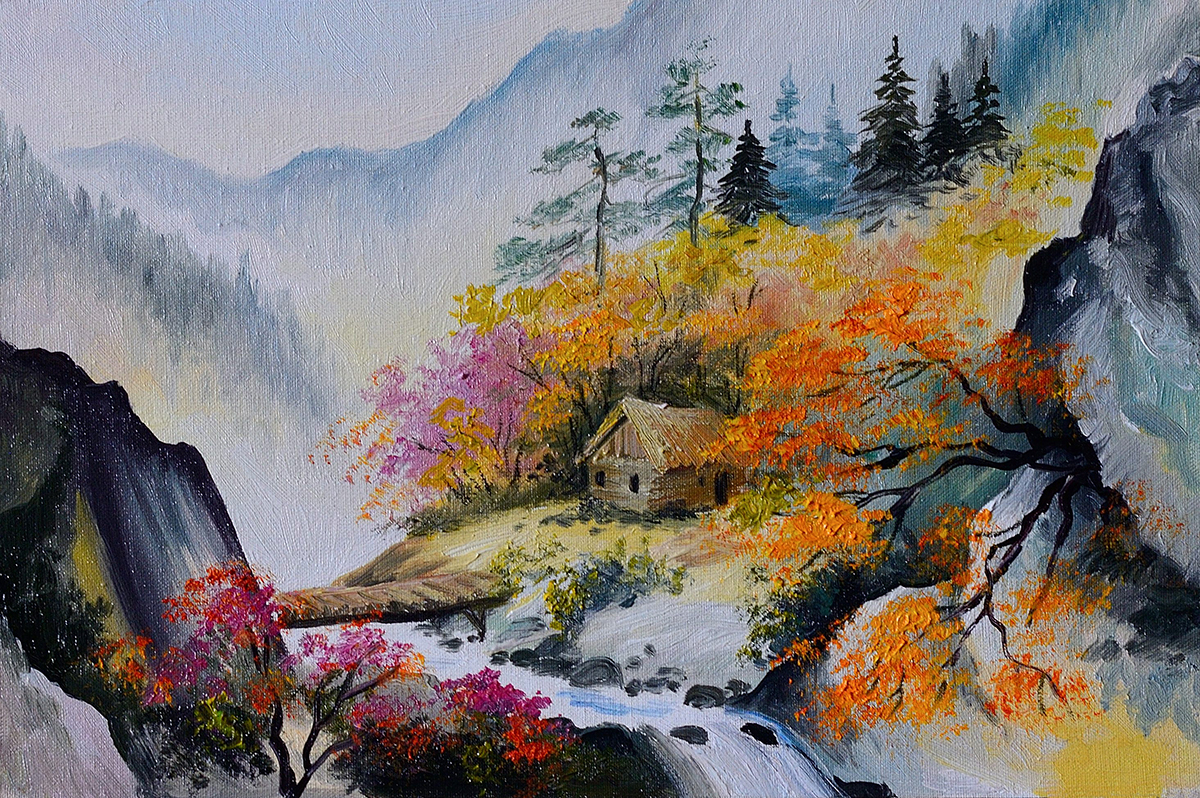 A painting of a house on a hill with trees and a waterfall