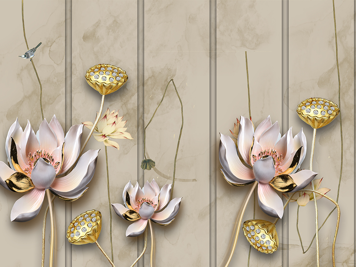 A wallpaper with flowers and gold objects