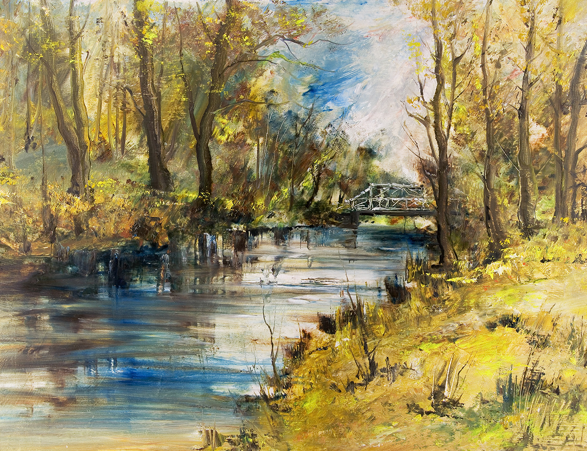 A painting of a river with trees and a bridge