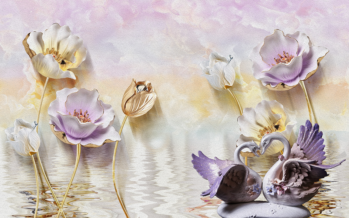A wallpaper with flowers and swans