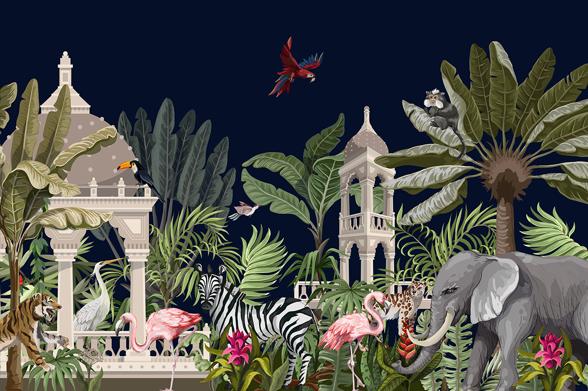 A wallpaper with animals and plants