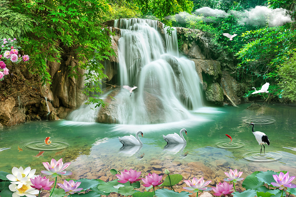 A waterfall with swans and fish in it