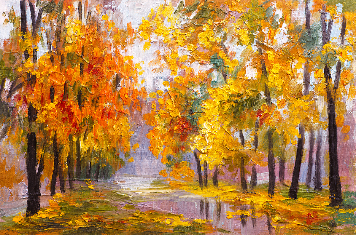 A painting of trees with yellow and orange leaves