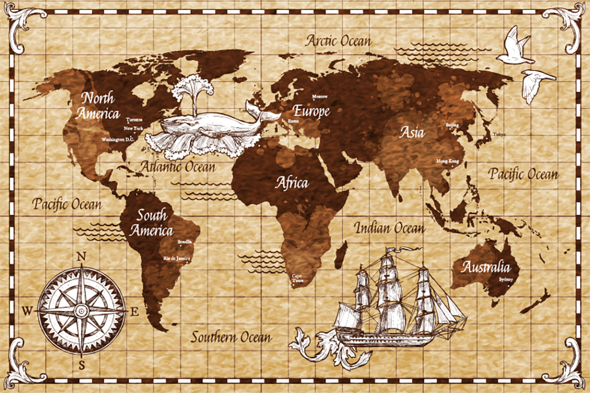 A map of the world with ships and a compass