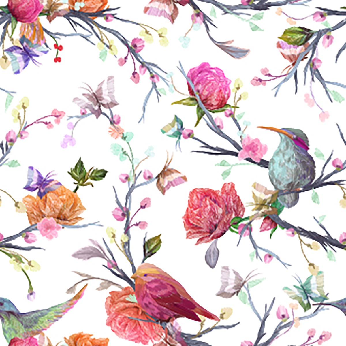 A pattern of colorful birds and flowers