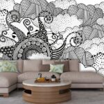 A black and white drawing of clouds and swirls