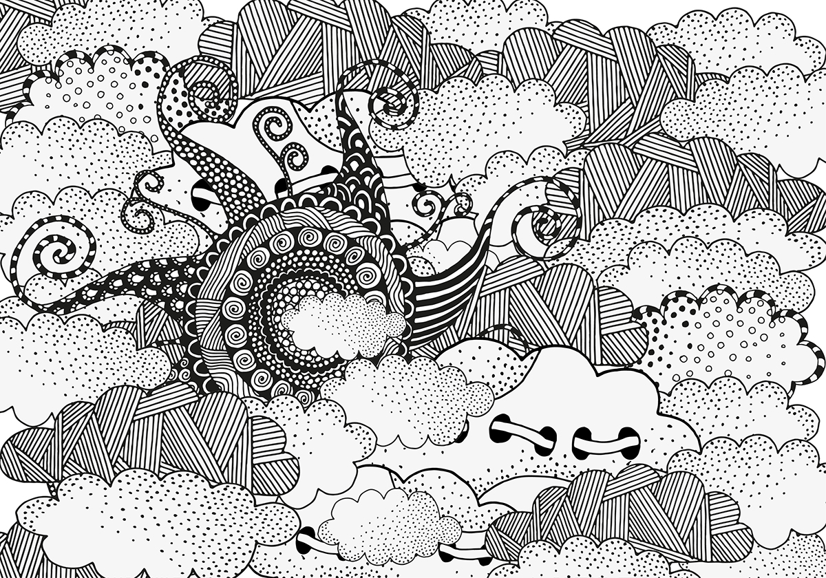 A black and white drawing of clouds and swirls