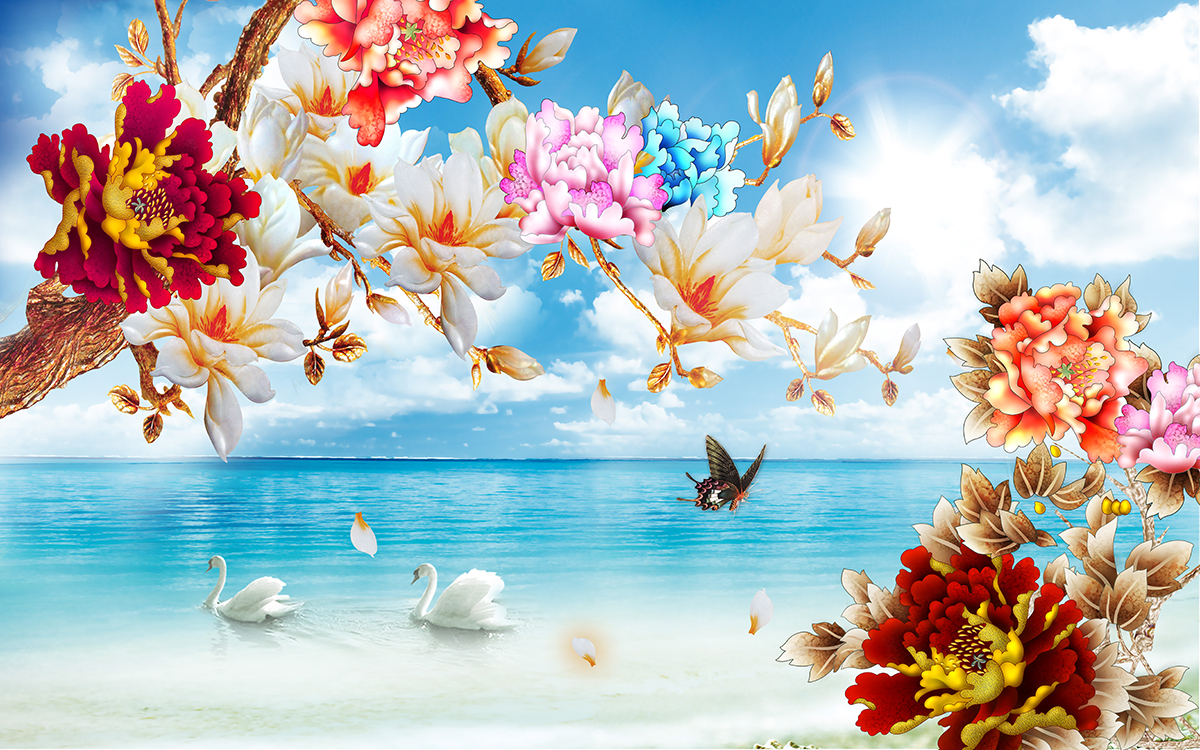 A beautiful view of the ocean and flowers