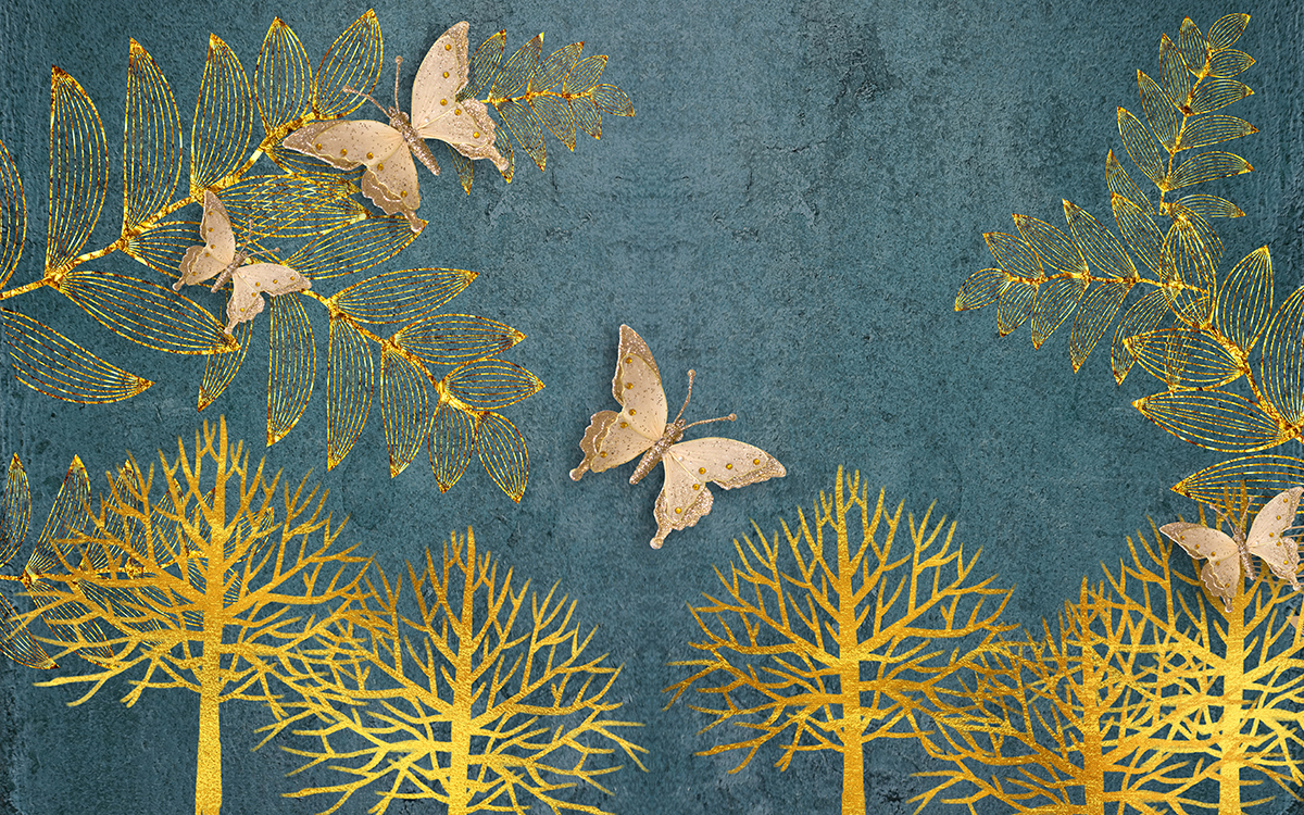 Butterflies and trees with gold leaves