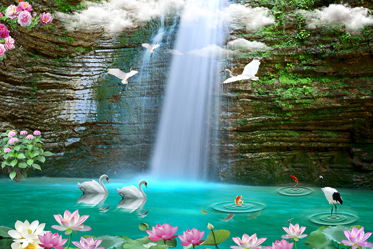 A waterfall with swans and flowers