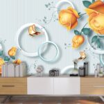 A wall mural with butterflies and flowers