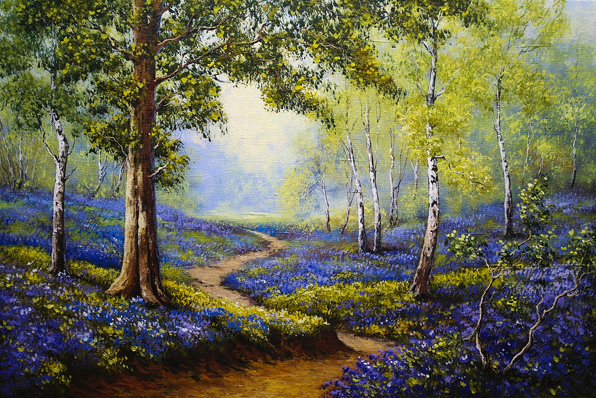 A painting of a path through a forest