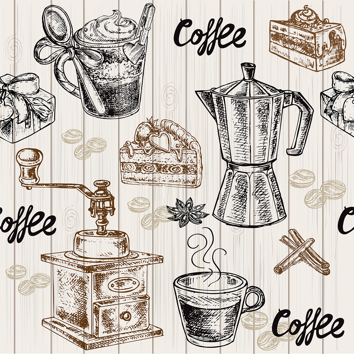 A drawing of coffee and cakes