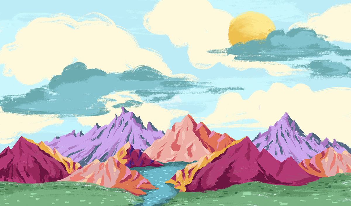 A colorful mountains and a river