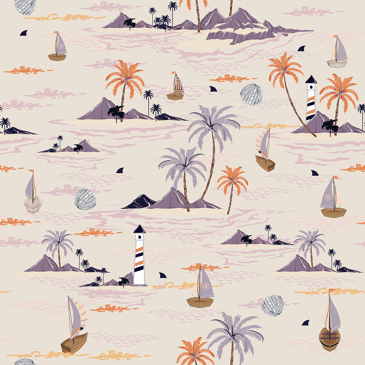 A pattern of boats and palm trees