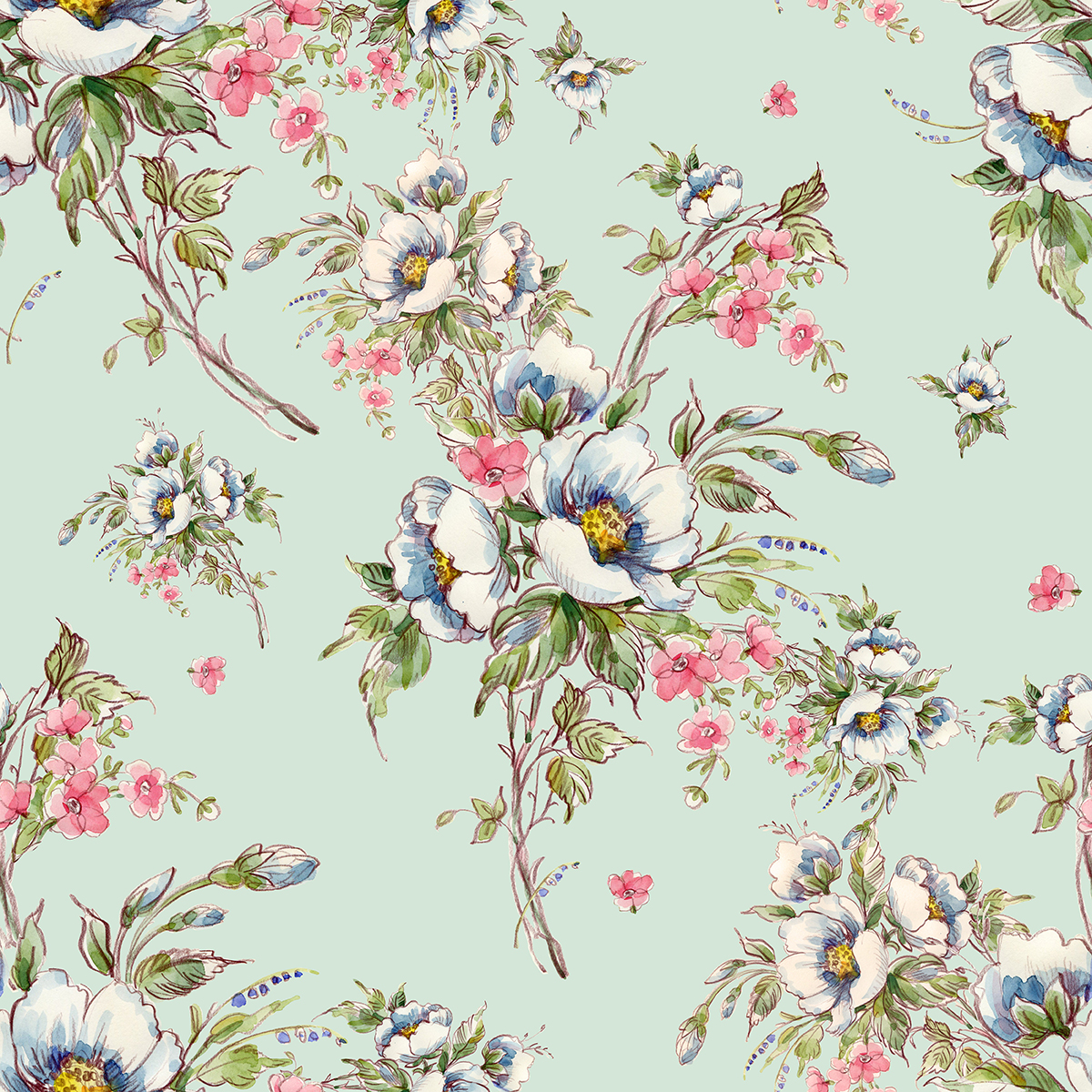 A pattern of flowers on a light blue background