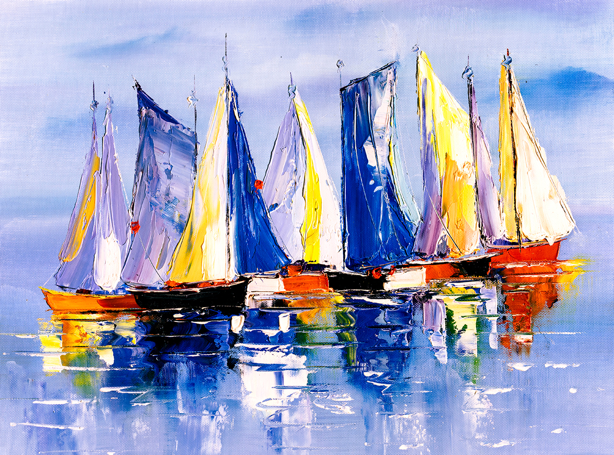 A painting of sailboats on water