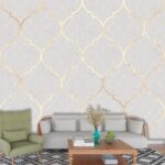 A white and gold patterned wallpaper