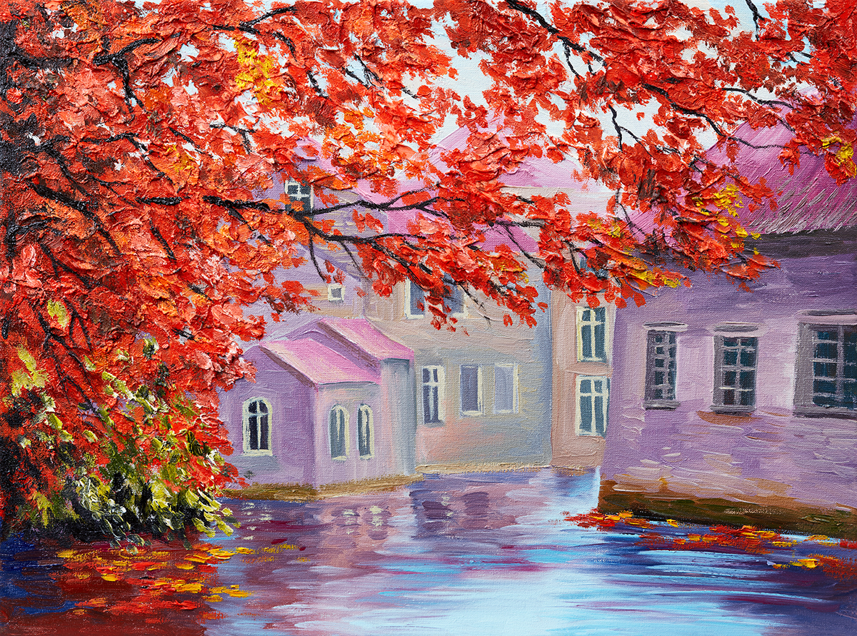 A painting of a house with red leaves on the tree