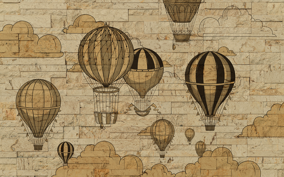 A stone wall with hot air balloons