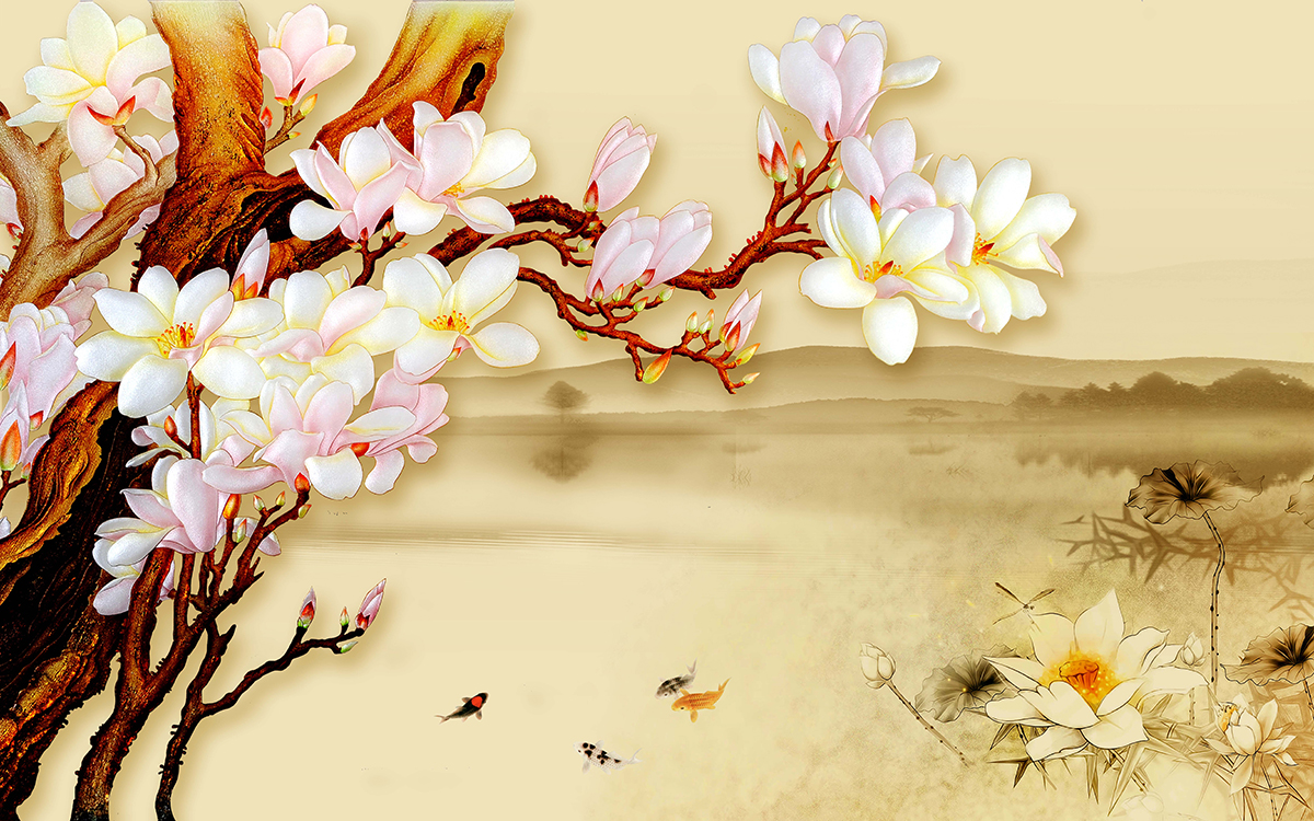 A painting of a tree branch with flowers