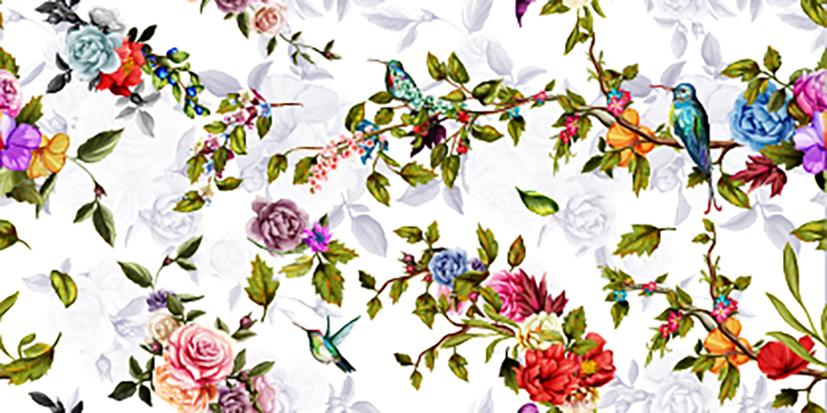 A floral pattern with birds and flowers