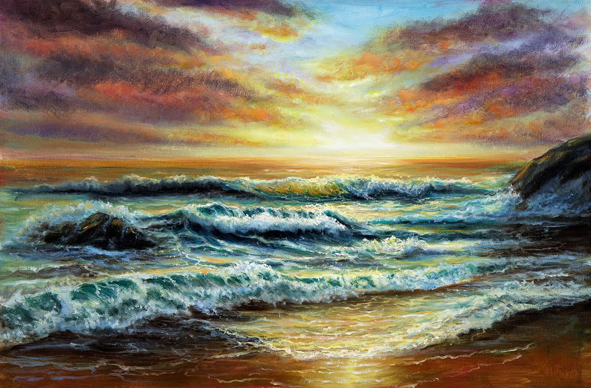 A painting of waves crashing on a beach