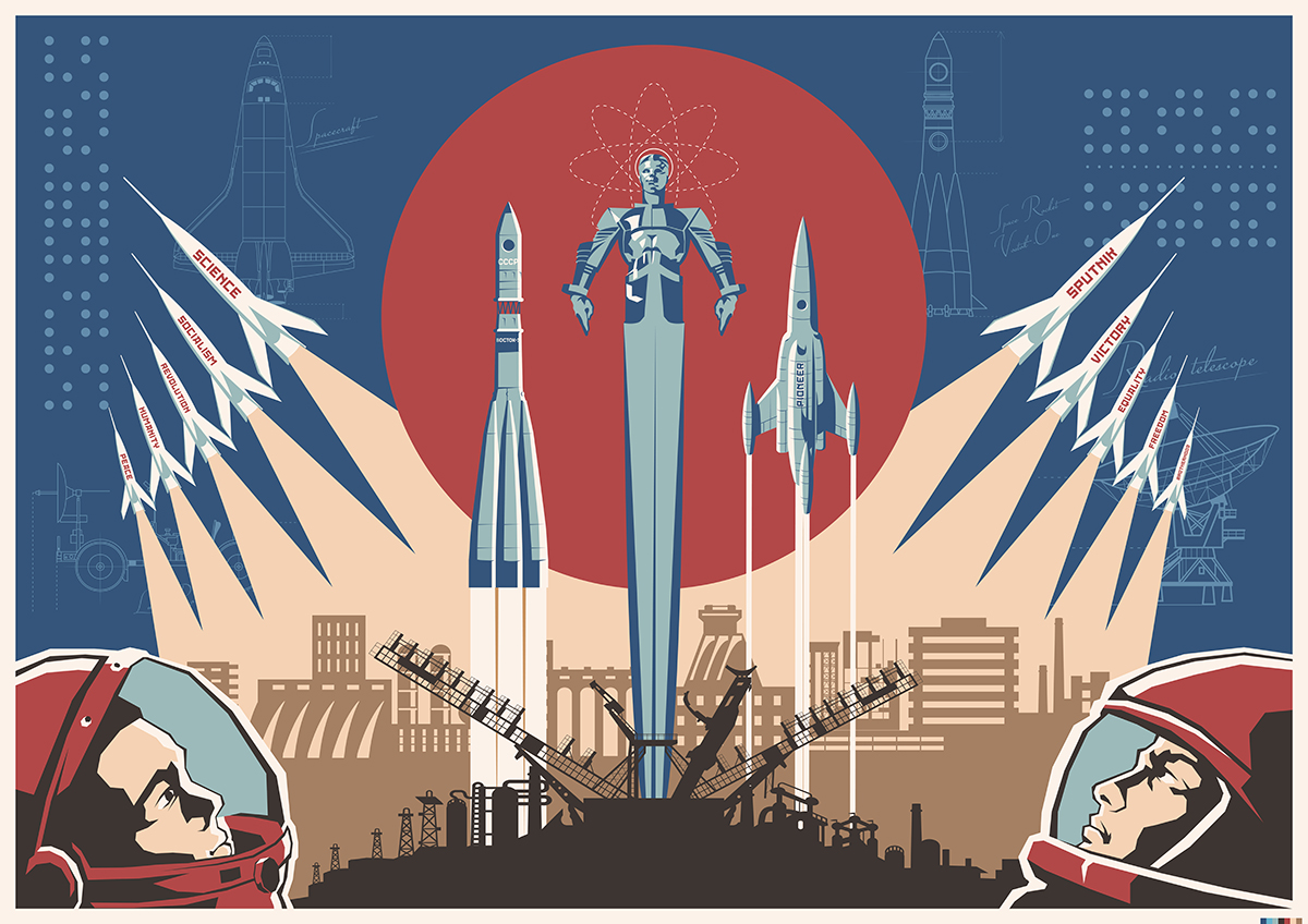 A poster of a man in space suits and rockets