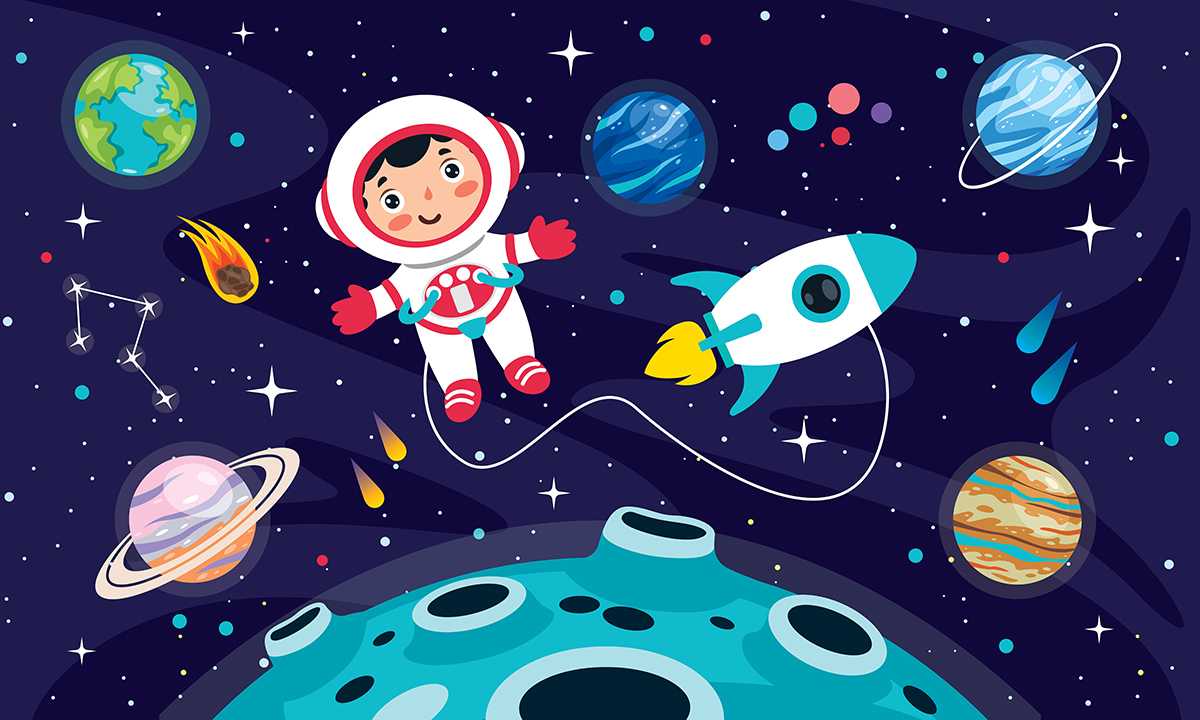 A cartoon of a boy in space