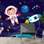 A cartoon of a boy in space