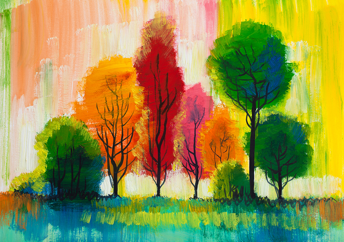 A painting of trees with different colors