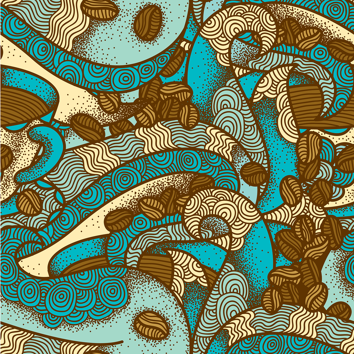 A blue and brown swirls and coffee beans