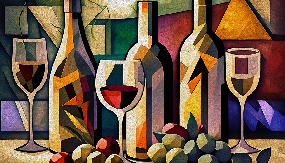A painting of wine bottles and a glass of wine