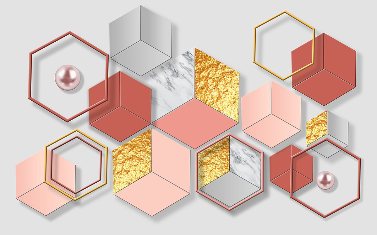 A wall with hexagons and gold foil