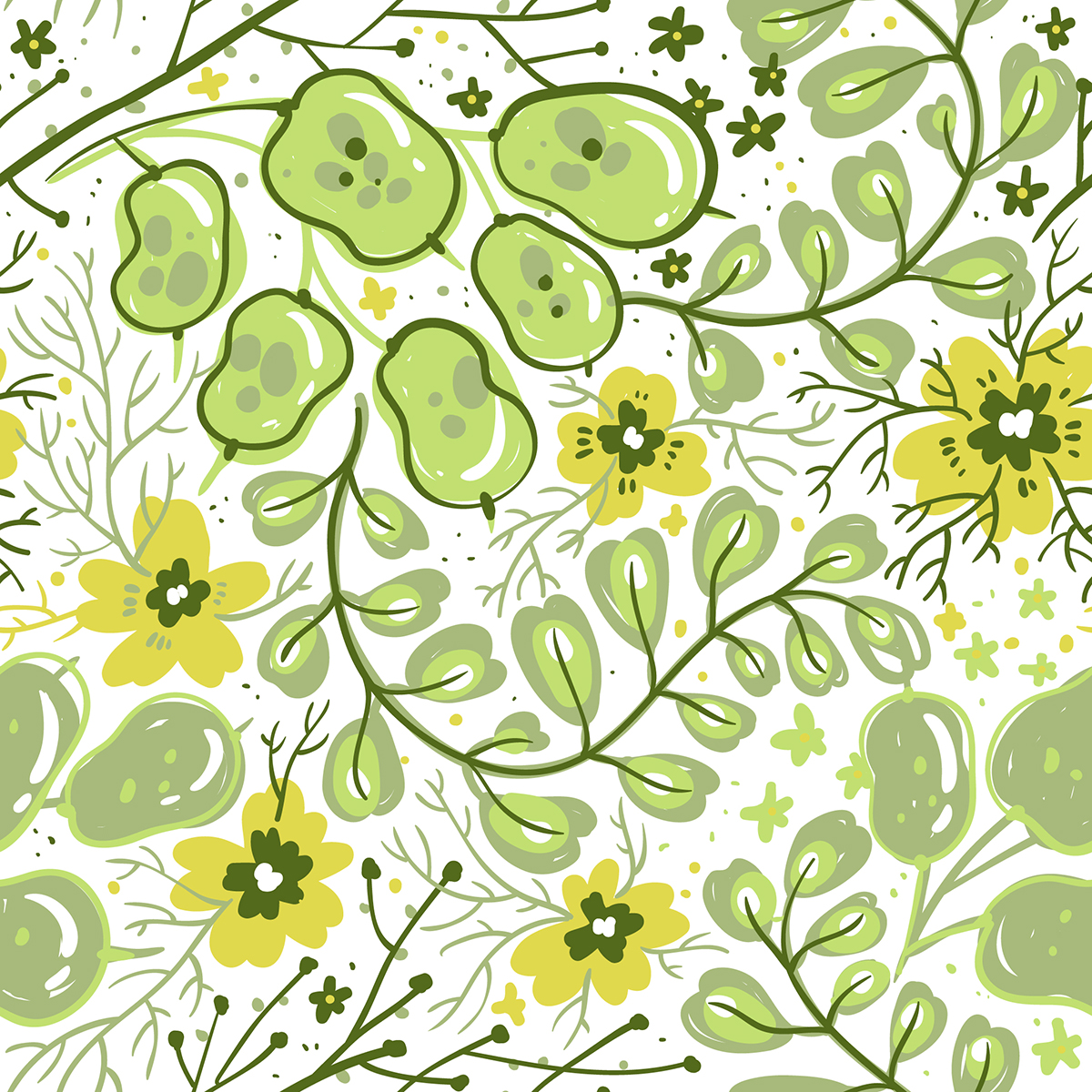 A pattern of green and yellow flowers and leaves