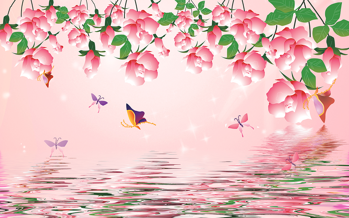 A pink flowers and butterflies over water