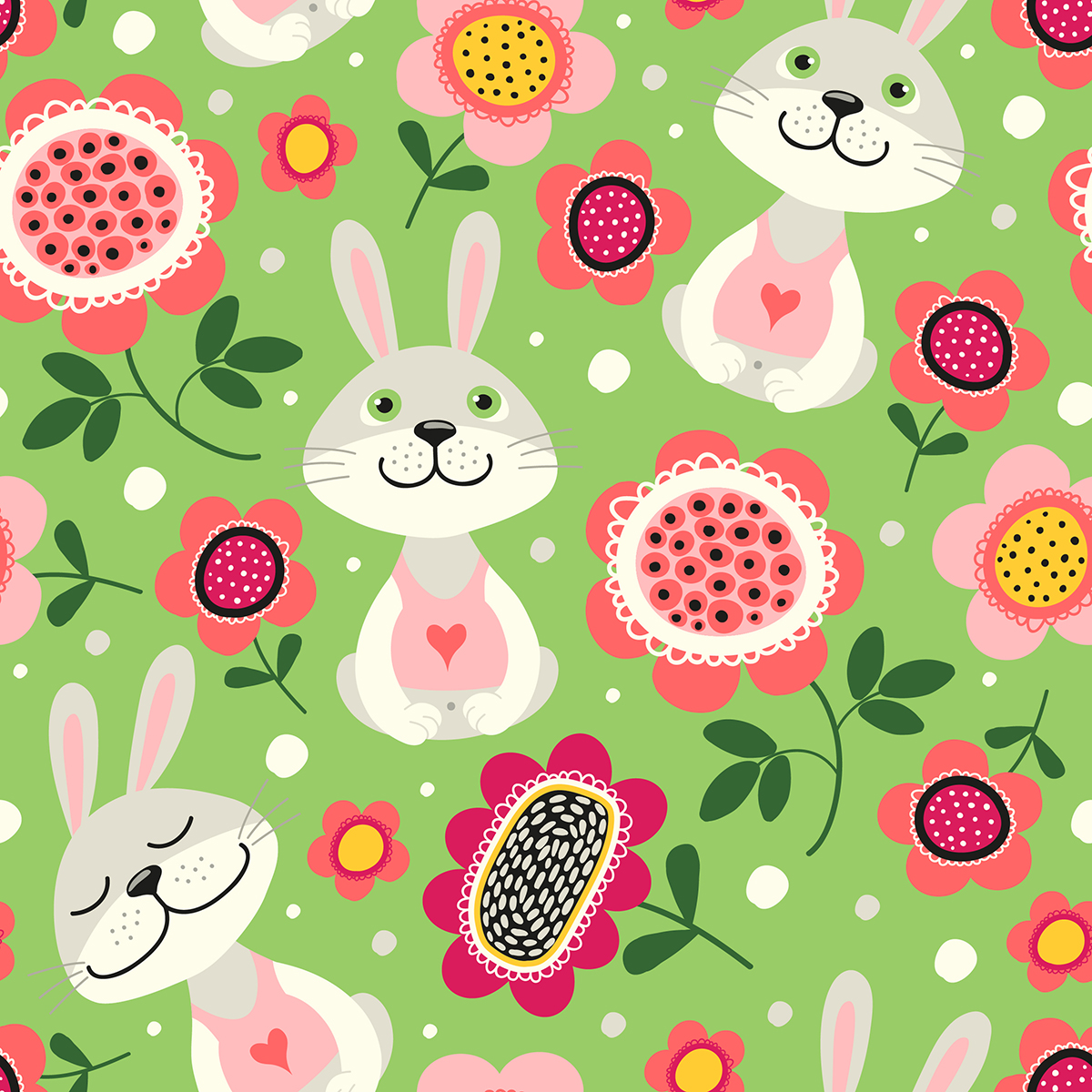 A pattern of flowers and rabbits