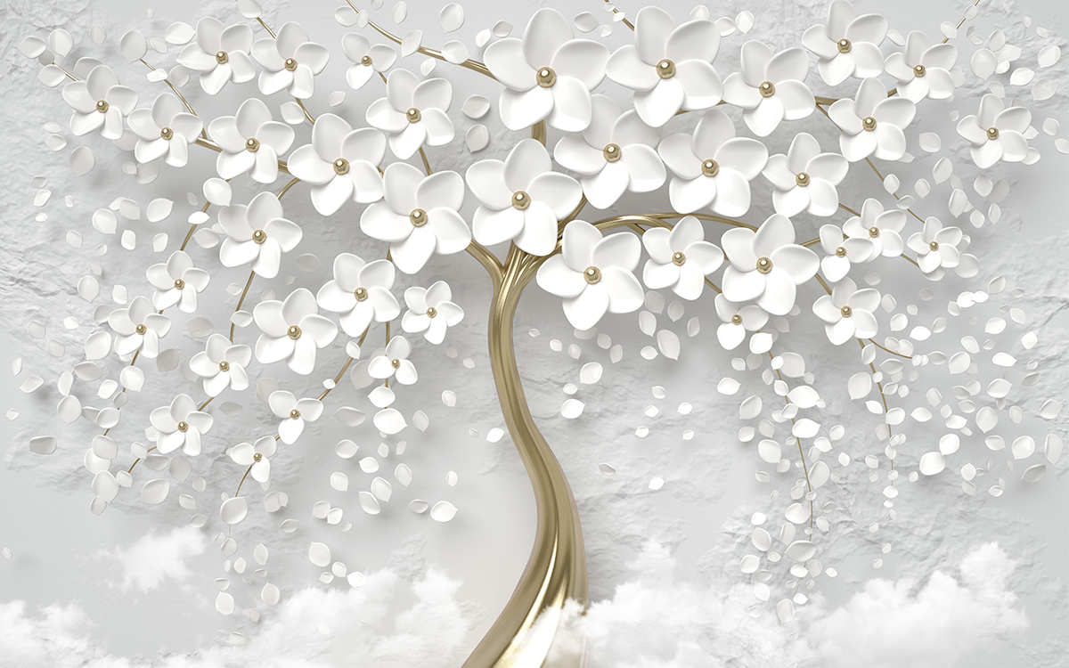 A tree with white flowers and gold leaves