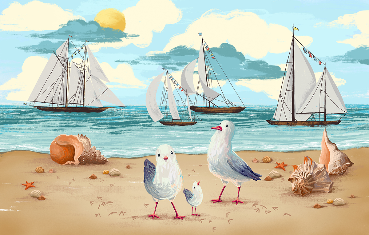 A group of birds on a beach with boats in the background