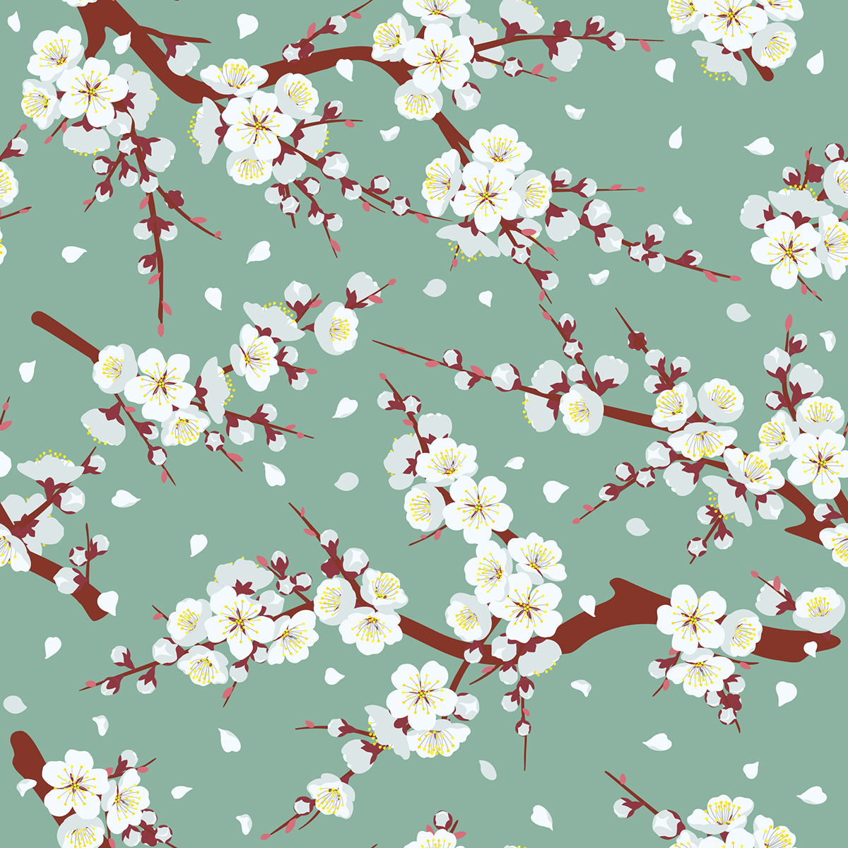 A pattern of white flowers on a tree branch