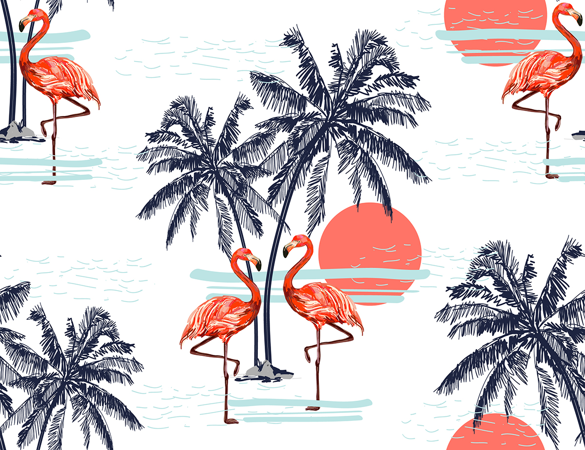Flamingos and palm trees on a white background