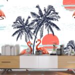 Flamingos and palm trees on a white background