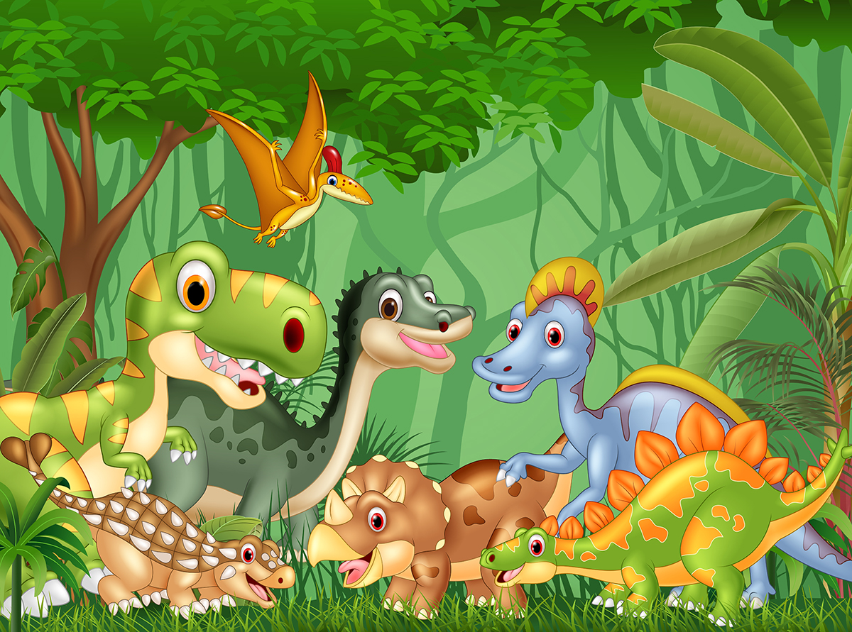 Cartoon of dinosaurs in the jungle