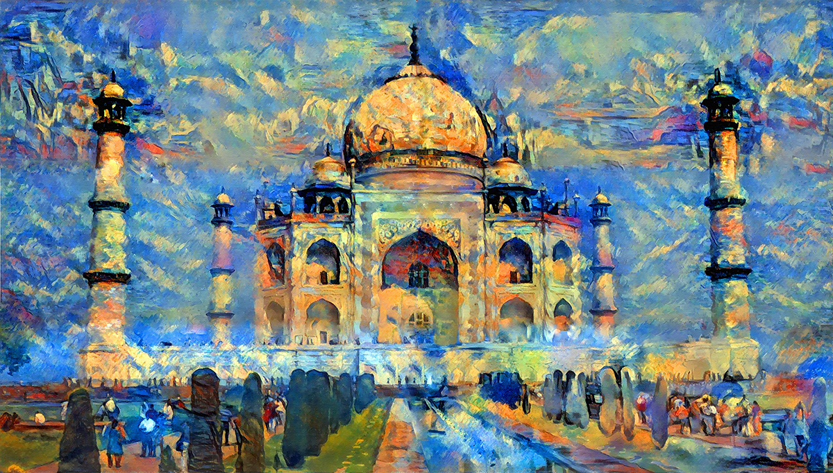 A painting of a large building with a dome and a crowd of people