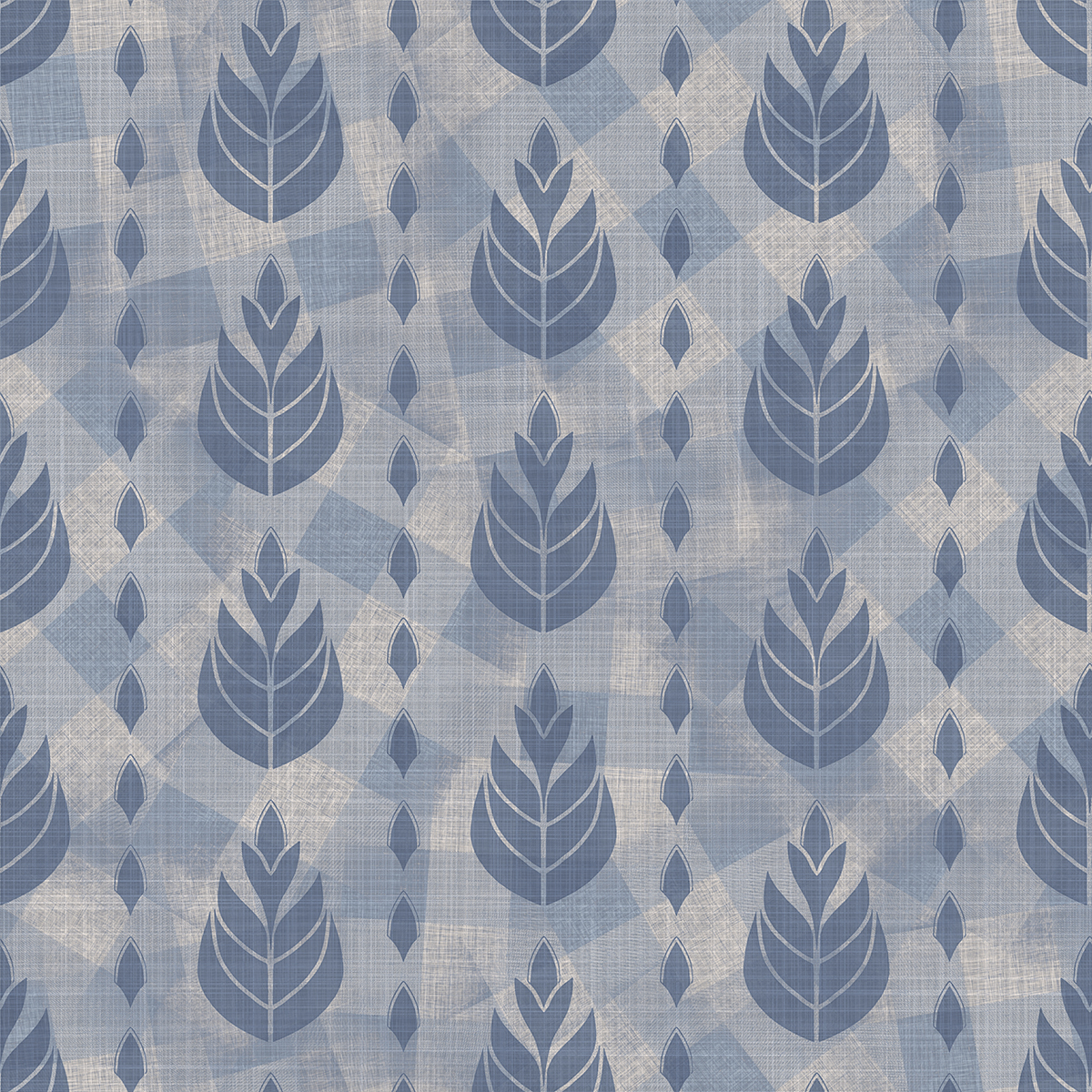 A blue and white fabric with leaves